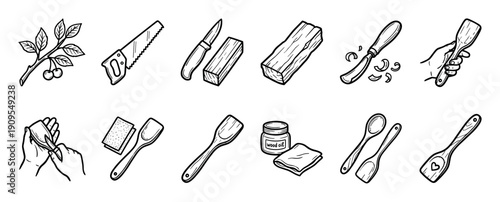 Hand-drawn wood carving instruction icons showing the step-by-step process of making a wooden spoon from a tree branch with various whittling and finishing tools
