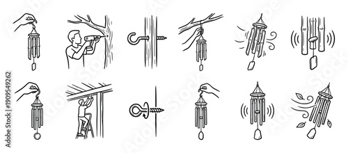 Hand-drawn instructional guide showing the steps for hanging a wind chime on a tree or house, a black and white line art illustration set for a DIY home decoration project