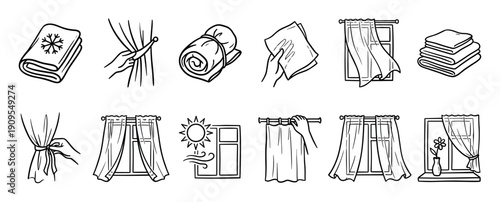 Set of black and white line art icons showing home textiles, window curtains, and cleaning tasks in a simple hand-drawn doodle style for various household concepts