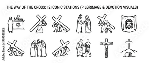 Set of twelve hand-drawn icons depicting the Stations of the Cross, showing the passion and crucifixion of Christ in a minimalist black and white line art style for devotion