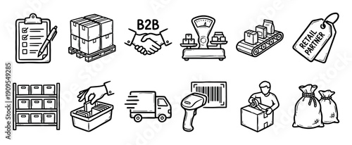 Hand-drawn B2B logistics and e-commerce icons illustrating warehouse operations, shipping, and retail partnerships in a simple black and white doodle-style collection