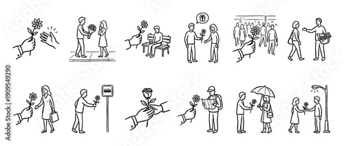 Hand-drawn sketch icon collection showing people giving flowers as a symbol of love, kindness, and friendship in different romantic and everyday situations