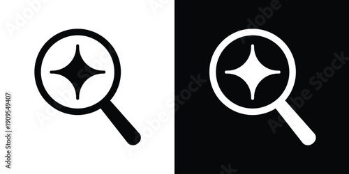Magnifying glass icon containing sparkle and star symbols. Vector illustration representing search for quality, finding inspiration, magic discovery, or premium feature identification.