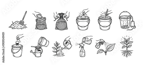 Set of hand-drawn instructional icons detailing the process of making organic compost tea, a vintage sketch collection showing brewing, aerating, and plant care for gardening