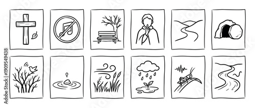 Set of twelve hand-drawn doodle icons depicting religious, nature, and conceptual symbols like a cross, empty tomb, silence sign, and park bench in a simple black and white sketch style