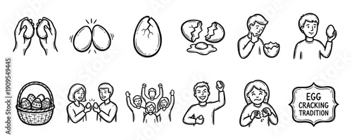 Hand drawn egg cracking tradition icon set showing people competing in a festive game, with emotions of joy and sadness, and decorated eggs in a basket in a simple doodle style