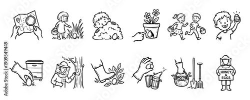 Hand-drawn black and white icon set depicting children on an Easter egg hunt and beekeepers working with hives, farm equipment, and collecting eggs in a cute doodle style