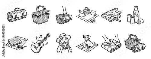 Collection of hand-drawn picnic icons featuring a basket, blanket, food, guitar, and a dog in a charming black and white line art doodle style for summer leisure concepts