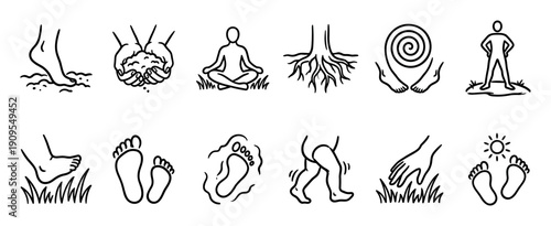 Set of grounding and earthing icons showing feet on grass, meditation, and connection with nature in a minimalist hand-drawn line art style