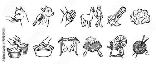 Hand-drawn icon set illustrating the traditional process of making yarn from alpaca wool, showing shearing, washing, carding, spinning, and knitting steps in a simple line art style