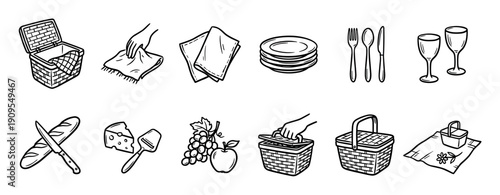 Hand-drawn picnic equipment and food icons set in a black and white doodle style, including a basket, blanket, plates, cutlery, wine, bread, cheese, and fruit