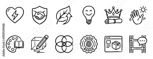 Twelve black and white hand-drawn icons representing business values and creative concepts such as trust, ideas, branding, and communication in a simple doodle style