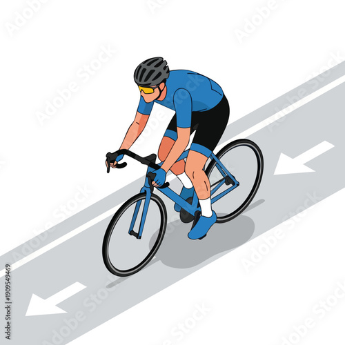 Male Cyclist Riding Uphill. Road Bike Rider. Isometric Vector Illustration. Sport and Fitness.