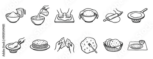Hand-drawn icon set showing the process of making homemade flatbread from scratch, illustrating steps like kneading dough, rolling, and cooking on a pan in a line art style