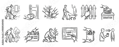 Hand drawn icon set showing acts of kindness, charity, and community support through various volunteer activities like donating food, planting trees, and helping neighbors in a sketch style