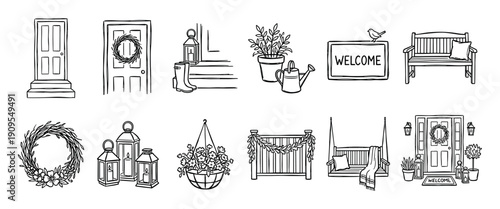 Set of hand-drawn front porch illustrations including a door with a wreath, a garden bench, lanterns, and a welcome mat in a charming black and white doodle sketch style