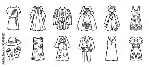 Collection of hand-drawn Easter clothing illustrations featuring dresses, suits, and costumes with spring symbols like eggs, bunnies, and flowers in a simple line art style