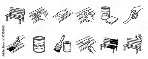 Black and white sketch illustration set depicting the DIY process of renovating a wooden bench, from cleaning and sanding to applying a fresh coat of paint with a brush and roller