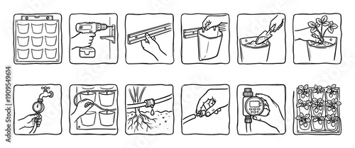 Hand-drawn instruction manual illustrations showing the step-by-step assembly of a vertical garden with an automated drip watering system, a black and white line art guide