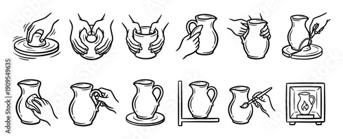 Pottery making process icons set showing hands shaping clay on a wheel, attaching a handle, painting, and firing a jug in a kiln, in a simple black line art doodle style