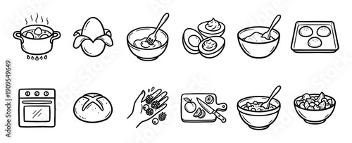Hand-drawn cooking and food preparation icons set showing boiling, baking, mixing dough, and preparing eggs, bread, fruit salad, and berries in a simple black and white doodle style