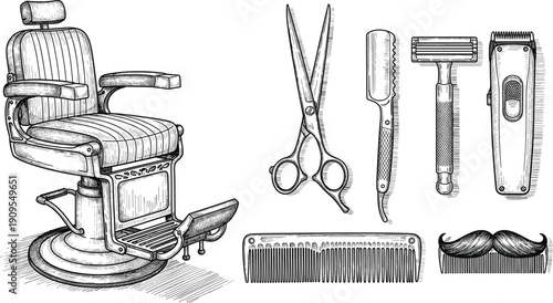 Vintage Barbershop Tool Set with Hand Drawn Barber Chair, Straight Razor, Scissors, Hair Clipper, and Comb Isolated on White