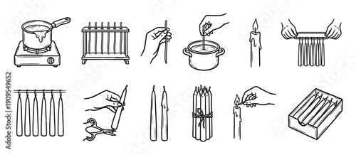 Hand-drawn candle making process icon set showing the steps from melting wax to dipping wicks and lighting the final product in a simple black and white line art illustration style