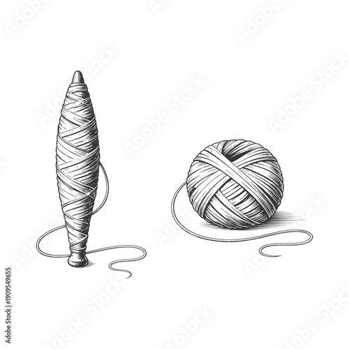 Hand drawn vector illustration of a spindle with thread and a ball of yarn, black and white sketch style isolated on White Background