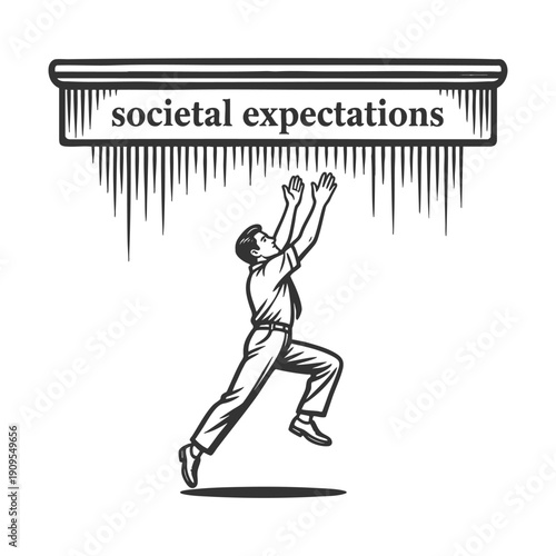 man leaping toward a spiked platform labeled societal expectations, symbolizing pressure and ambition sketch engraving generative ai vector illustration. Scratch board imitation. Black and white image