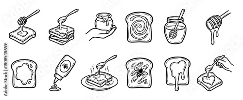 Hand-drawn honey and toast icon set in a black and white doodle style showing various food elements like bread slices, jars, dippers, and sweet spreads for breakfast concepts