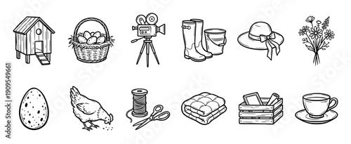 Hand-drawn set of cottagecore icons featuring a chicken coop, eggs, movie camera, boots, hat, and flowers in a simple line art style