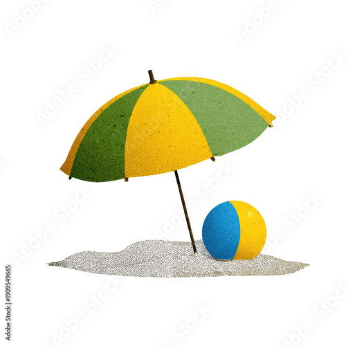 A sun umbrella and beach ball on sand. Perfect for summer, vacation, and seaside designs