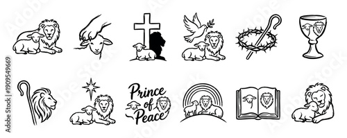 Collection of hand-drawn Christian religious icons featuring the lion and the lamb, cross, dove, and crown of thorns in a simple black and white line art vector style