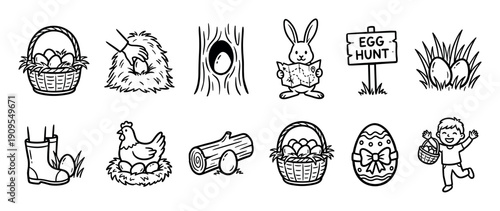 Set of hand-drawn black and white Easter egg hunt icons featuring a bunny with a map, a chicken on a nest, decorated eggs, a basket, a happy child, and a sign