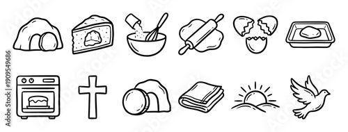 Collection of hand-drawn black line icons illustrating the Christian Easter story through the analogy of baking a resurrection cake with an empty tomb inside