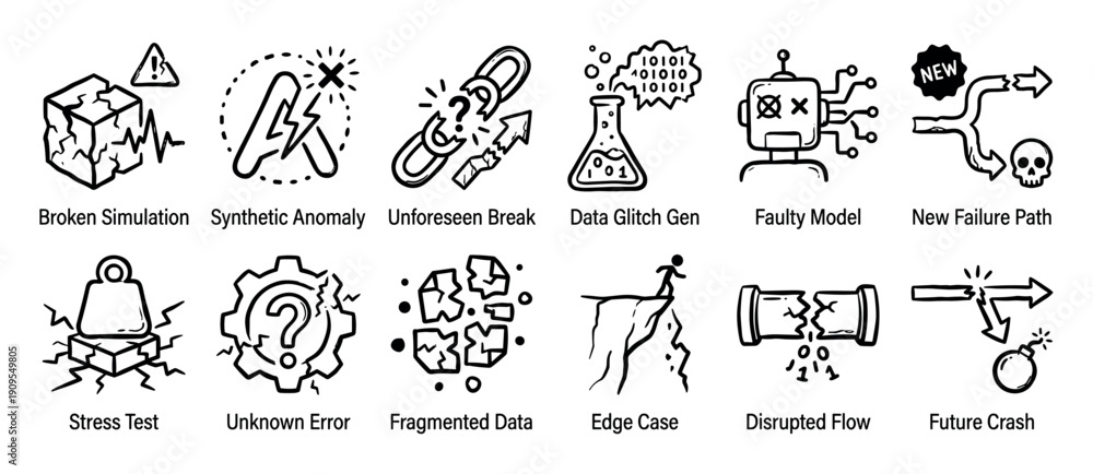 Fototapeta premium Set of hand-drawn black line icons representing technology failures, data glitches, system errors, and software testing concepts in a simple doodle style illustration collection
