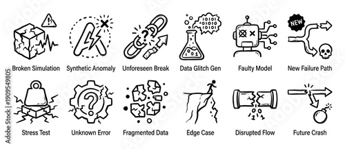 Set of hand-drawn black line icons representing technology failures, data glitches, system errors, and software testing concepts in a simple doodle style illustration collection