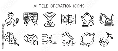 Set of hand-drawn AI tele-operation icons representing remote control, robotics, virtual reality, and automation technology in a simple black and white sketch style illustration