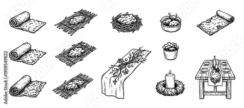 Collection of hand-drawn rustic decor elements including moss runners, a nest, a candle wreath, and a wooden table setting in a detailed black and white sketch illustration style