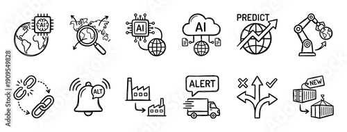 Collection of hand-drawn business icons representing artificial intelligence, logistics, global trade, and supply chain management concepts in a simple black and white doodle style