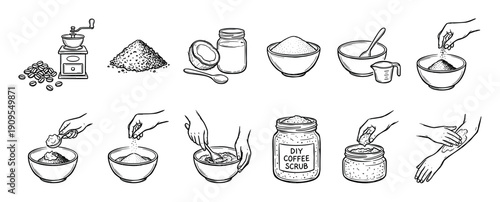 Hand drawn illustrations showing a DIY coffee scrub recipe step-by-step, from grinding beans and mixing with coconut oil and sugar to applying the final homemade cosmetic product