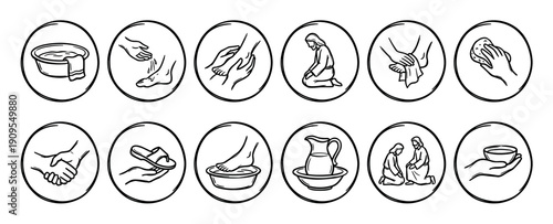Set of black and white foot washing icons depicting a biblical story of humility, service, and love in a simple hand-drawn line art style for religious concepts