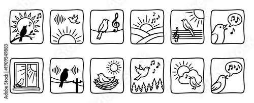 Set of twelve hand-drawn doodle icons showing birds singing at sunrise with musical notes, representing the sounds of nature, morning songs, and the joy of springtime