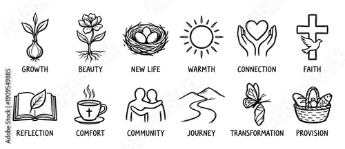 Collection of twelve hand-drawn spiritual icons representing Christian concepts like faith, provision, growth, and community in a clean black and white line art illustration set