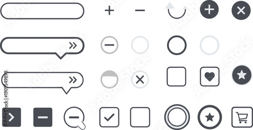 Minimal UI elements icon set with speech bubbles, buttons, checkmarks, wishlist, cart symbols