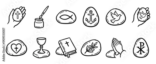 Set of hand-drawn Christian religious symbols including the cross, fish, dove, bible, and chalice, presented as a collection of simple black and white doodle style illustrations