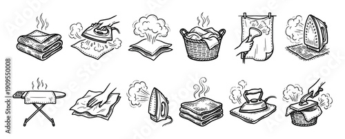 Set of hand-drawn ironing and laundry icons showing various household chores like steaming clothes, using an iron, and folding towels in a vintage sketch style illustration