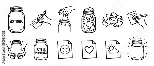 Hand-drawn gratitude jar icon set showing a mindfulness practice of writing and collecting joyful moments, positive thoughts, and happy memories in a glass container for self-care