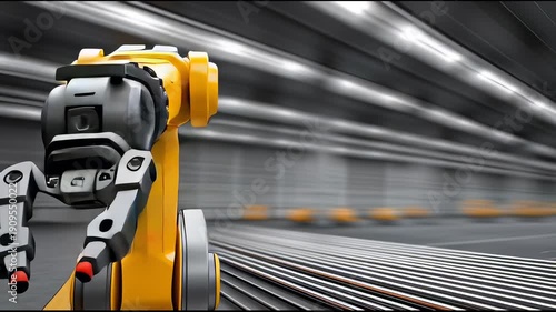 Industrial robot arm with robotic gripper automation technology factory machinery manufacturing process mechanical arm yellow robot assembly line modern industry production equipment performing