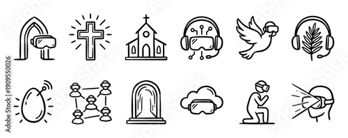 Hand-drawn black and white icon set combining religious symbols with virtual reality headsets, illustrating metaverse and digital faith concepts in a simple doodle style